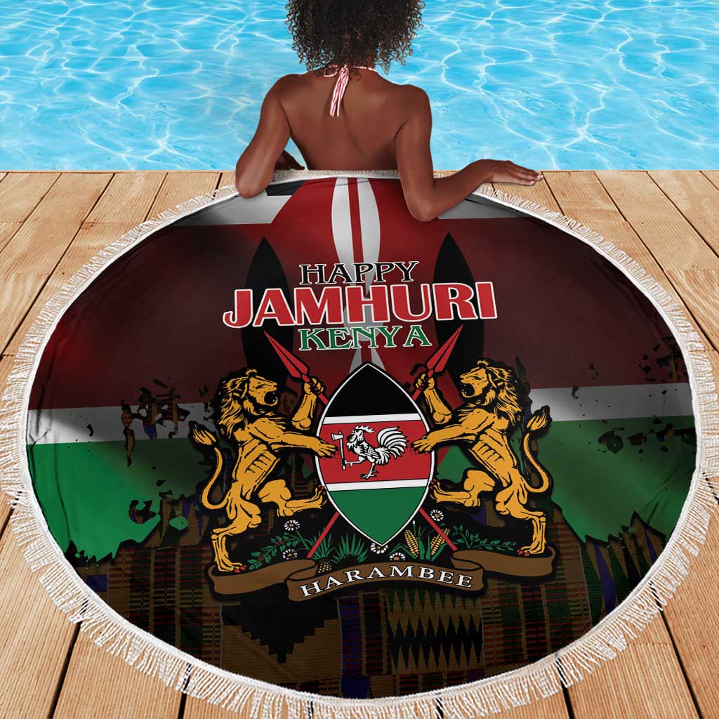 Kenya Jamhuri Day Beach Blanket Coat Of Arms With Kente Pattern - African Pride