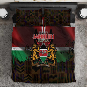 Kenya Jamhuri Day Bedding Set Coat Of Arms With Kente Pattern - African Pride