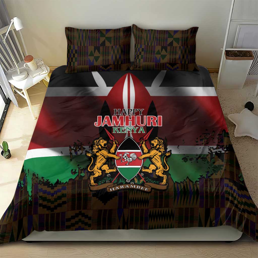 Kenya Jamhuri Day Bedding Set Coat Of Arms With Kente Pattern - African Pride
