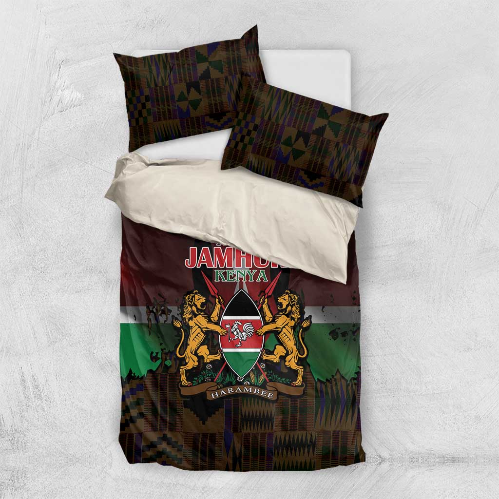 Kenya Jamhuri Day Bedding Set Coat Of Arms With Kente Pattern - African Pride