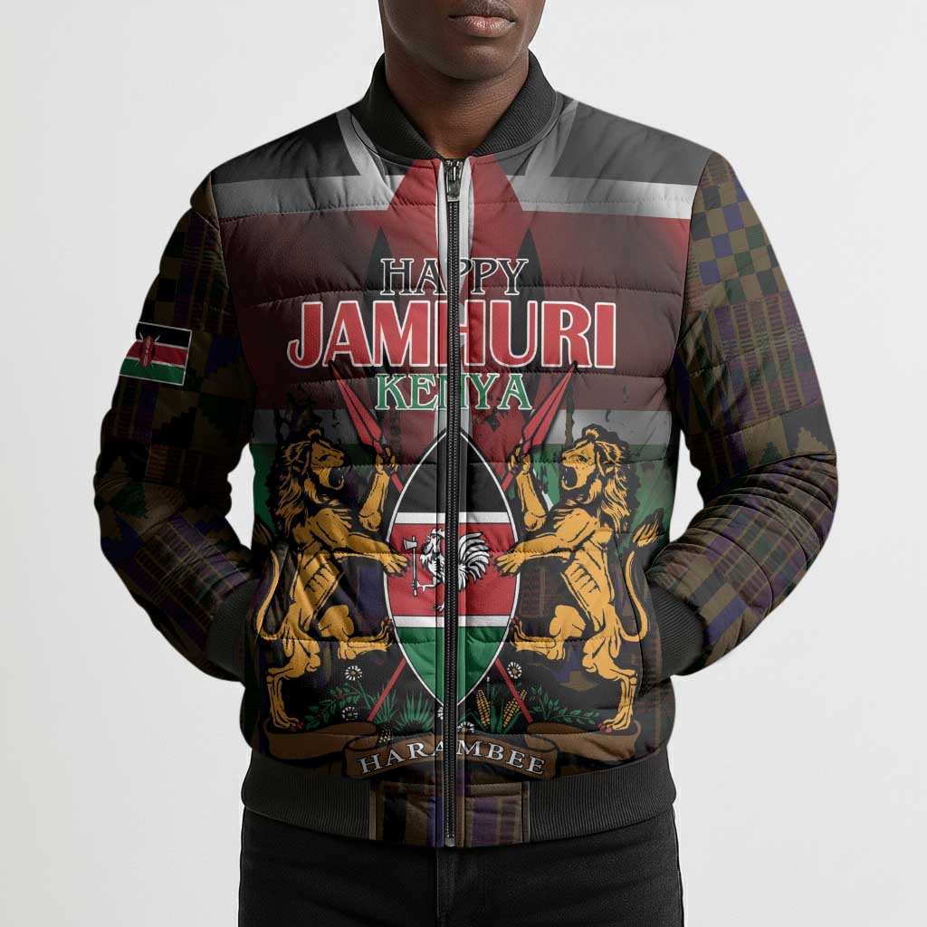 Happy Kenya Independence Day Bomber Puffer Jacket Coat Of Arms With Kente Pattern