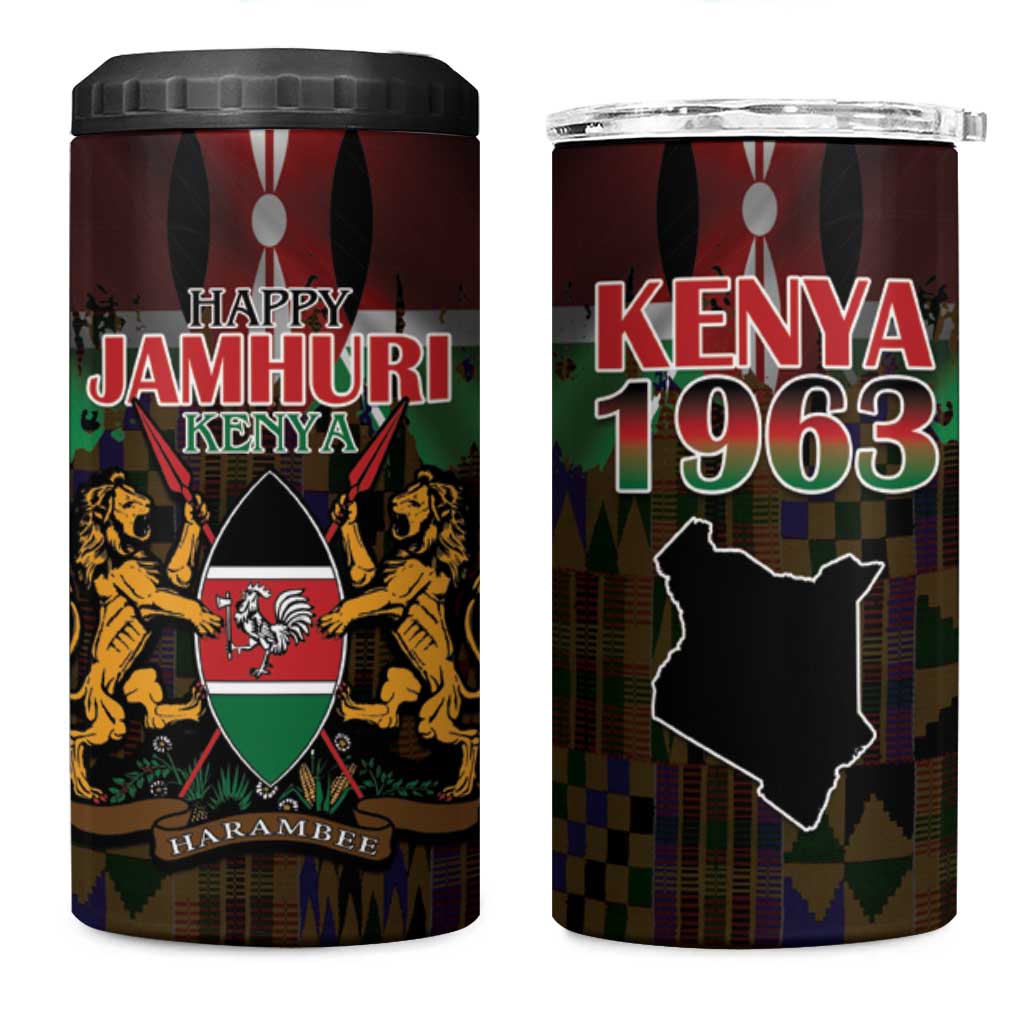 Kenya Jamhuri Day 4 in 1 Can Cooler Tumbler Coat Of Arms With Kente Pattern - African Pride