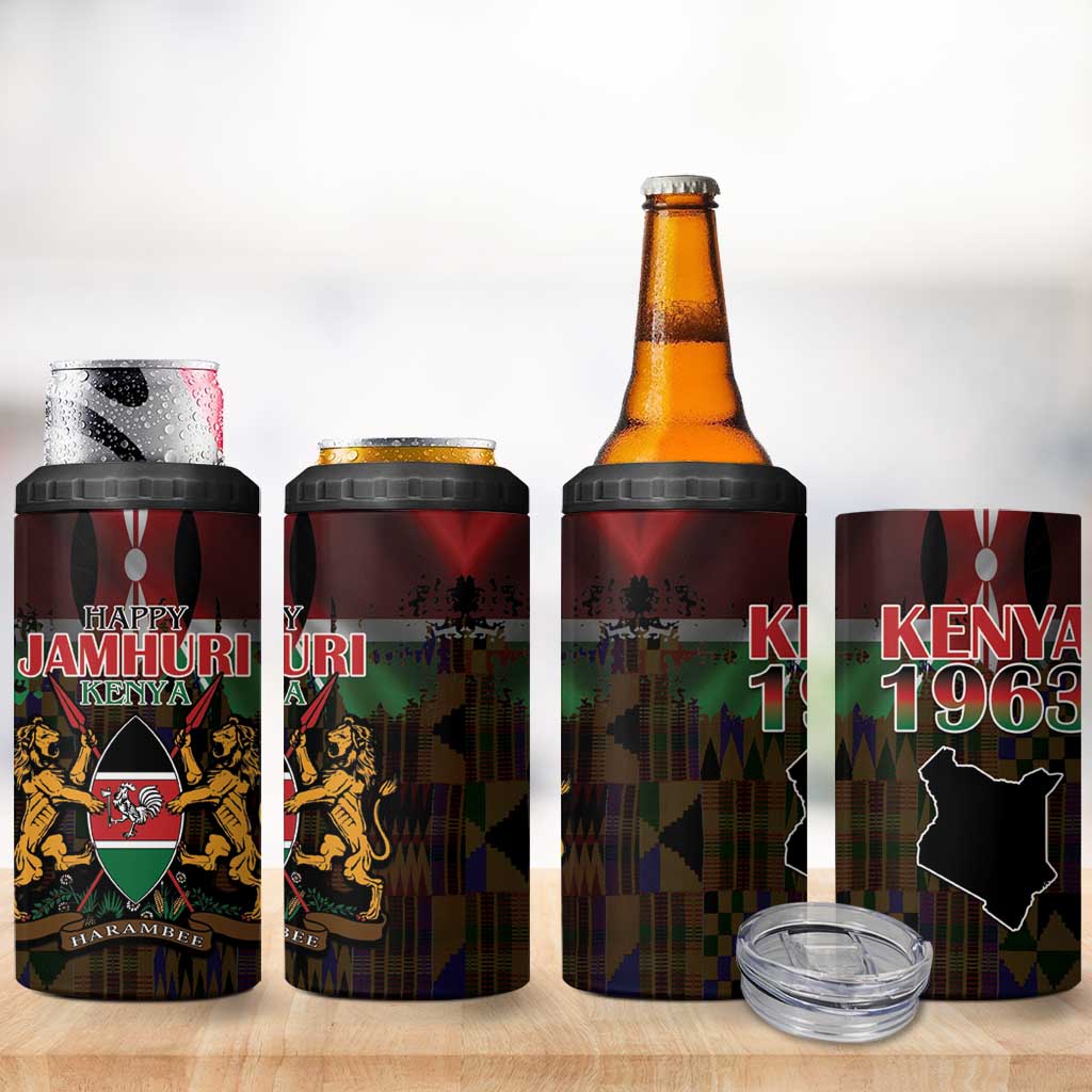 Kenya Jamhuri Day 4 in 1 Can Cooler Tumbler Coat Of Arms With Kente Pattern - African Pride