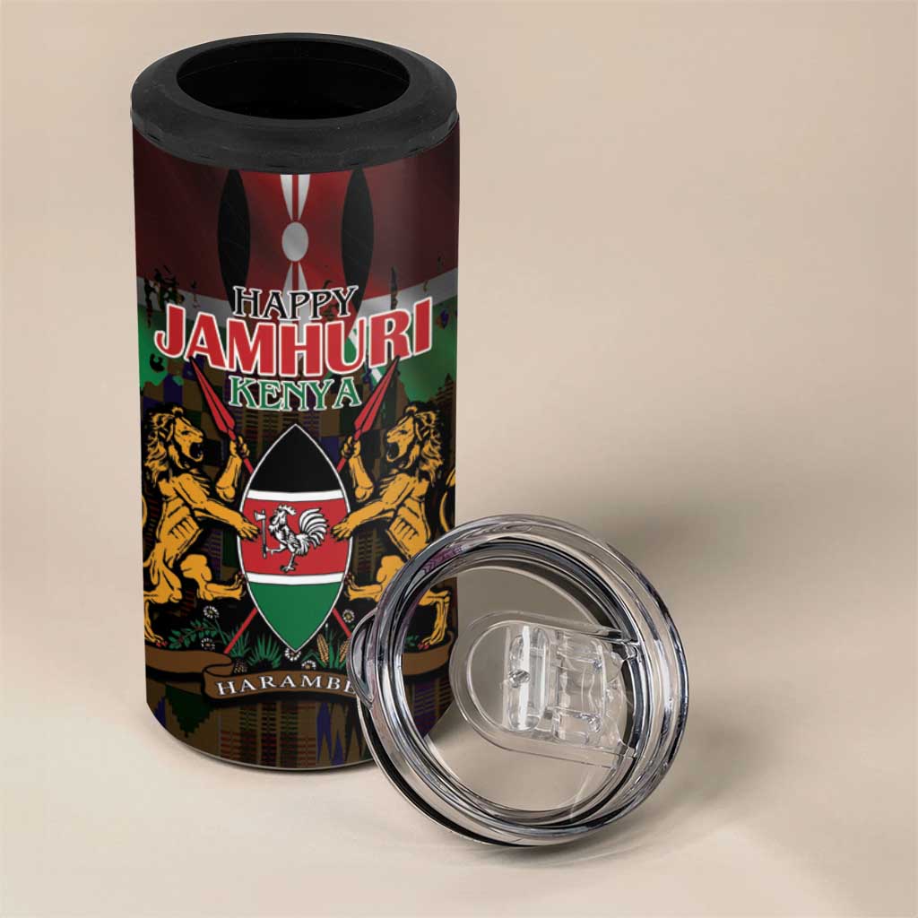 Kenya Jamhuri Day 4 in 1 Can Cooler Tumbler Coat Of Arms With Kente Pattern - African Pride
