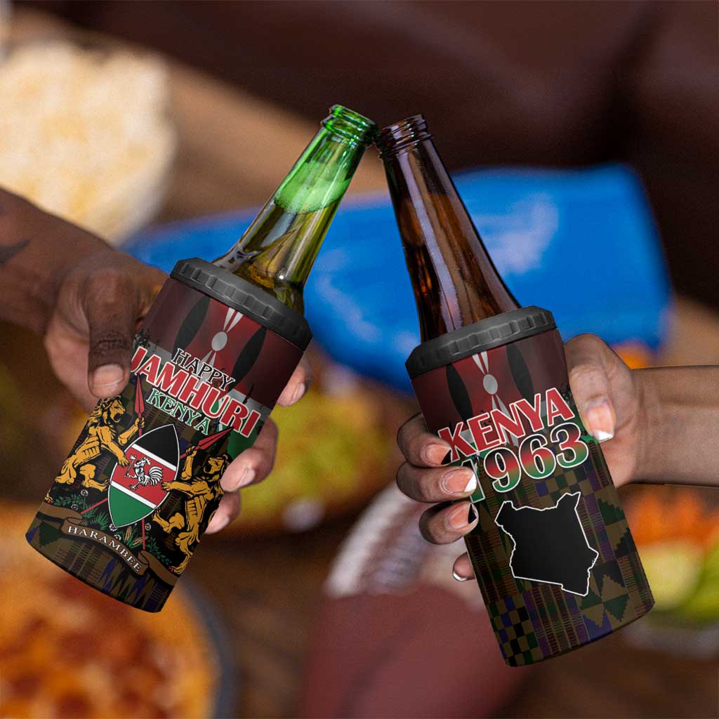 Kenya Jamhuri Day 4 in 1 Can Cooler Tumbler Coat Of Arms With Kente Pattern - African Pride