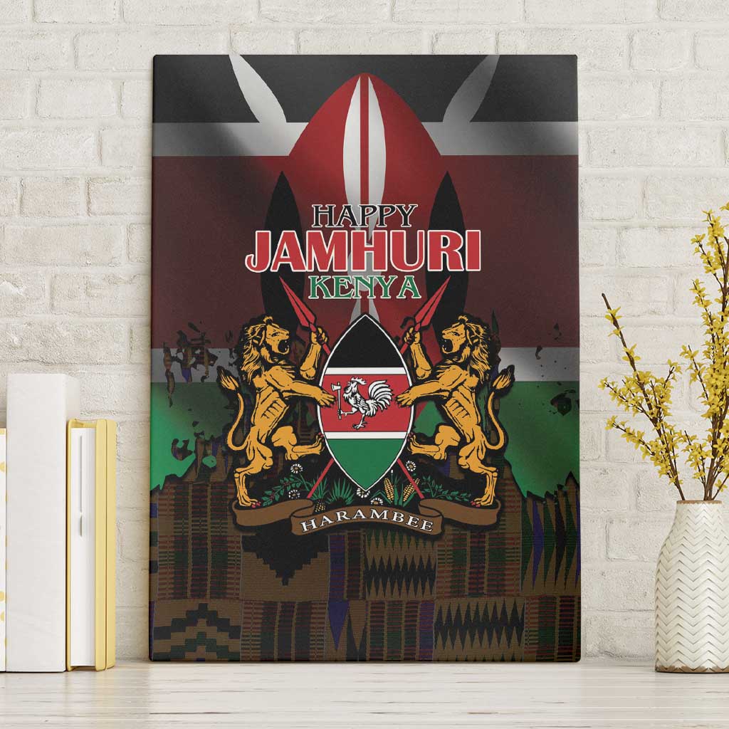 Kenya Jamhuri Day Canvas Wall Art Coat Of Arms With Kente Pattern - African Pride