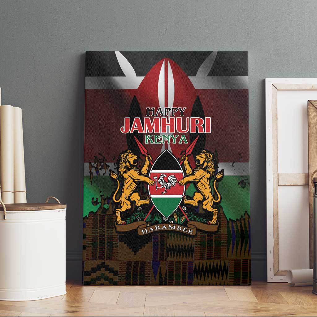 Kenya Jamhuri Day Canvas Wall Art Coat Of Arms With Kente Pattern - African Pride