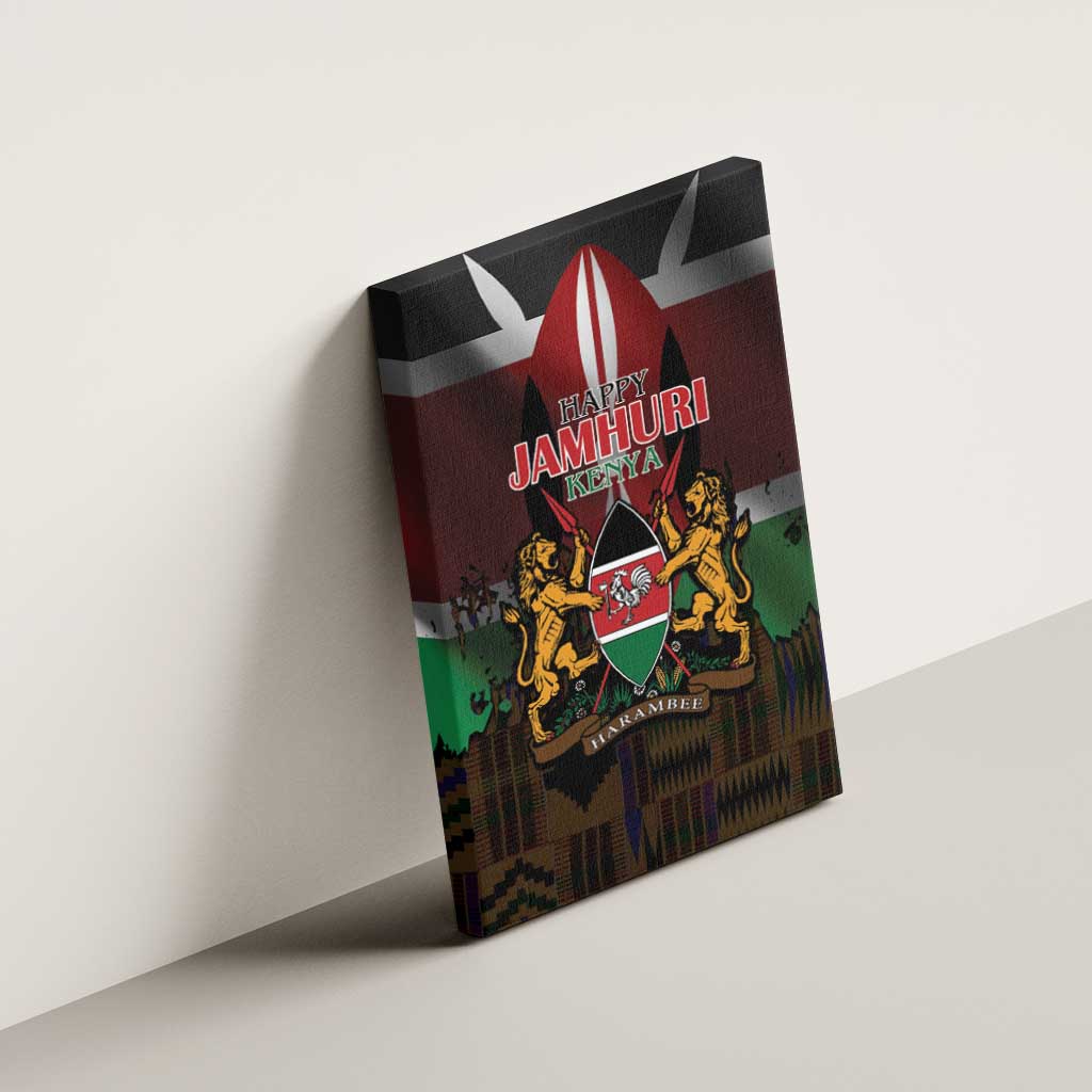 Kenya Jamhuri Day Canvas Wall Art Coat Of Arms With Kente Pattern - African Pride