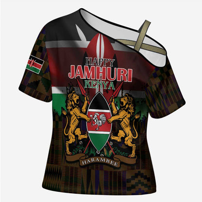Happy Kenya Independence Day Cross Shoulder Shirt Coat Of Arms With Kente Pattern