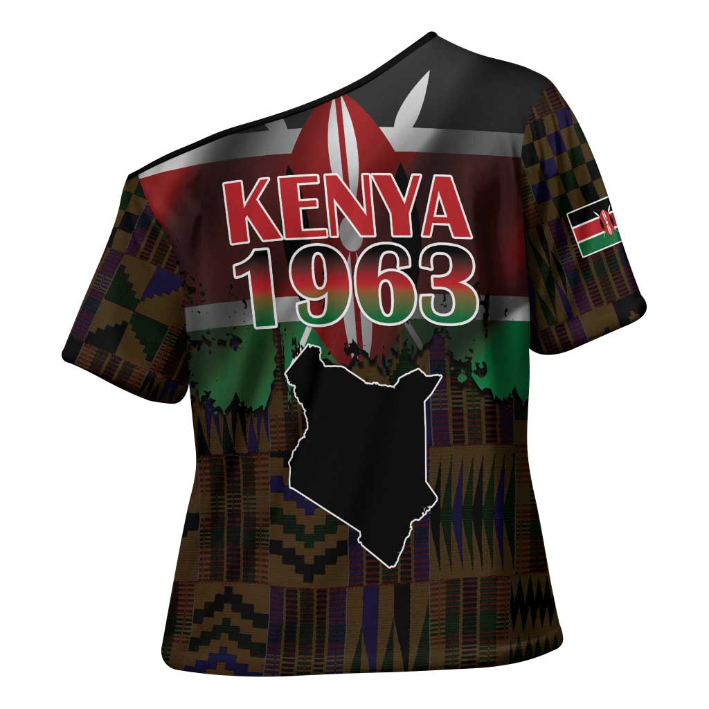 Happy Kenya Independence Day Cross Shoulder Shirt Coat Of Arms With Kente Pattern