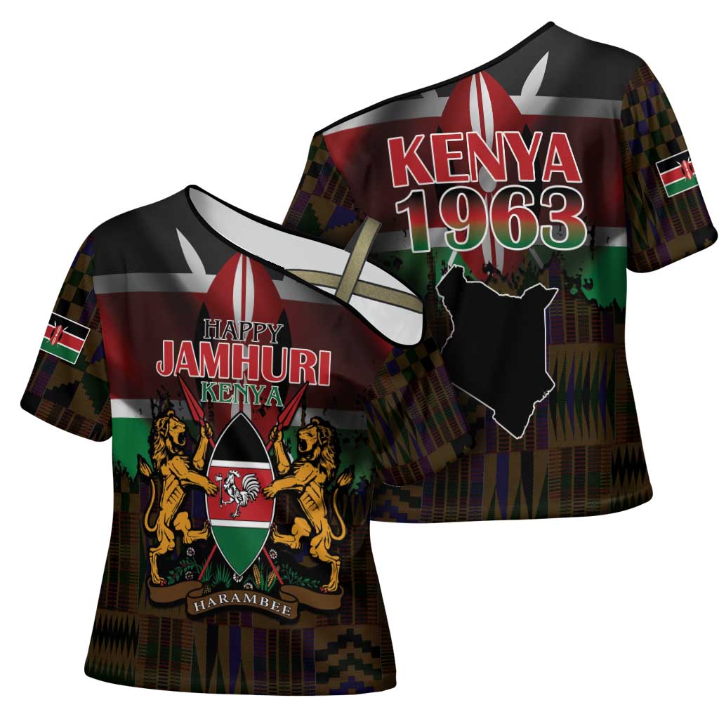 Happy Kenya Independence Day Cross Shoulder Shirt Coat Of Arms With Kente Pattern