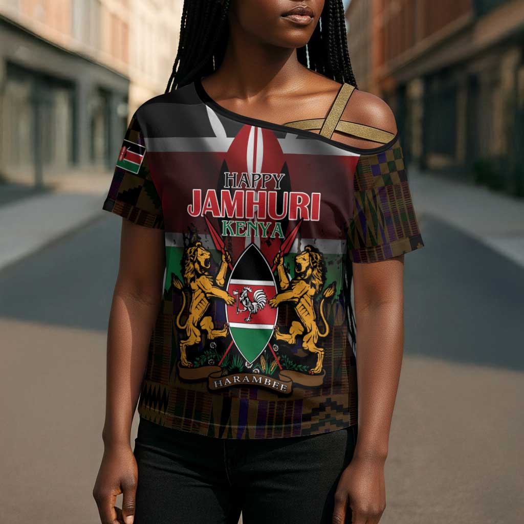 Happy Kenya Independence Day Cross Shoulder Shirt Coat Of Arms With Kente Pattern