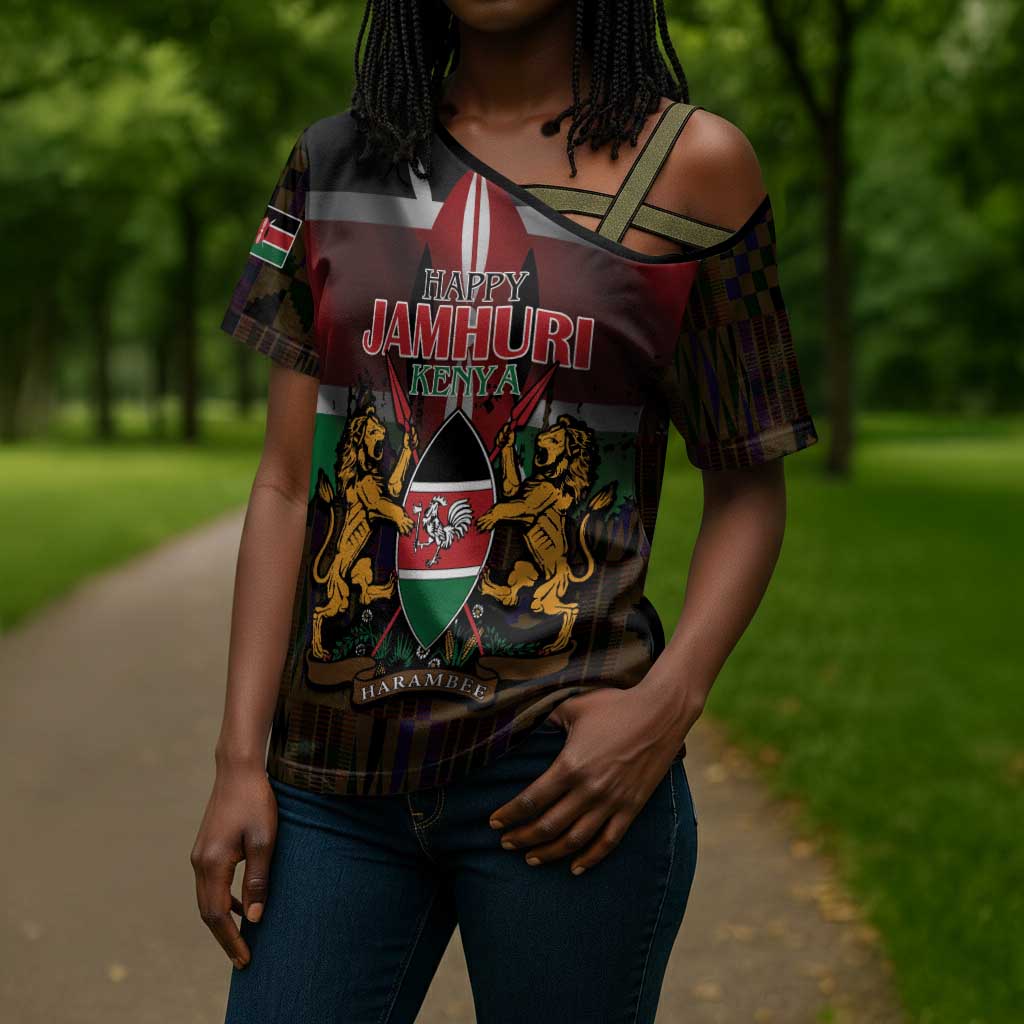 Happy Kenya Independence Day Cross Shoulder Shirt Coat Of Arms With Kente Pattern