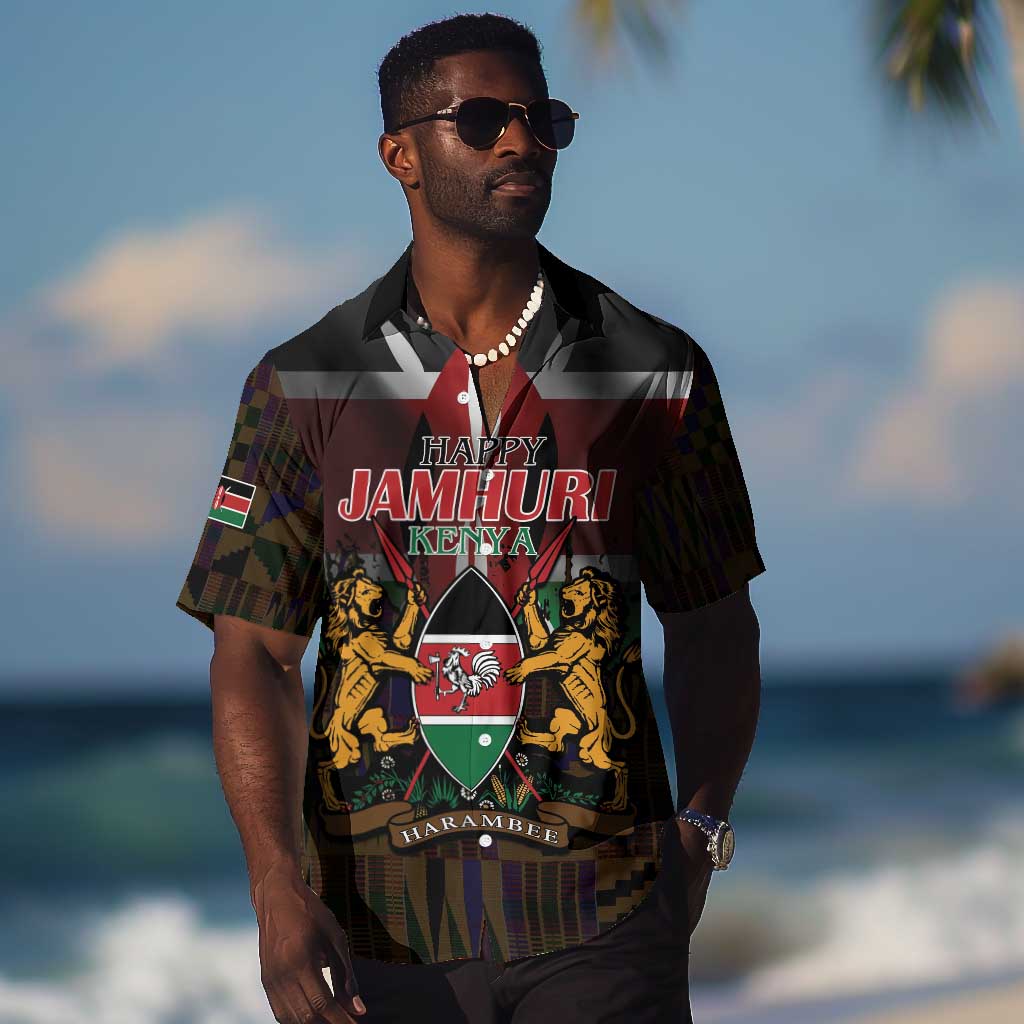 Kenya Jamhuri Day Hawaiian Shirt Coat Of Arms With Kente Pattern - African Pride