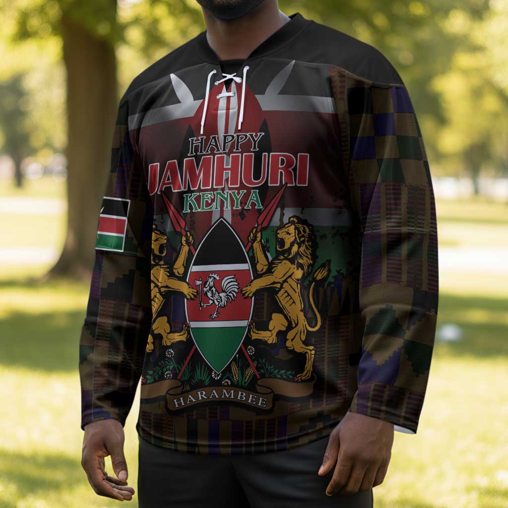 Happy Kenya Independence Day Hockey Jersey Coat Of Arms With Kente Pattern