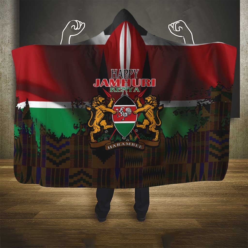 Kenya Jamhuri Day Hooded Blanket Coat Of Arms With Kente Pattern - African Pride