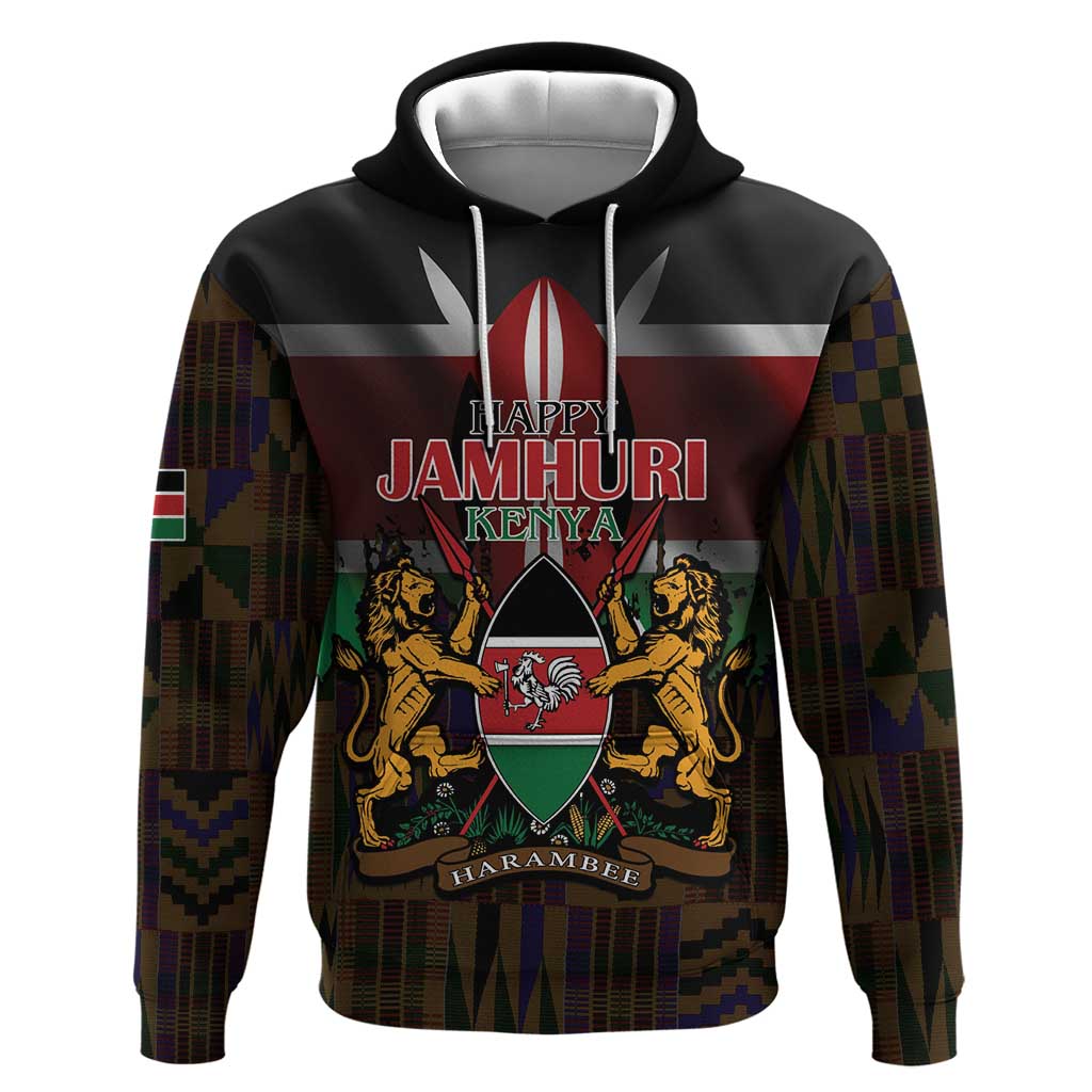 Kenya Jamhuri Day Hoodie Coat Of Arms With Kente Pattern - African Pride