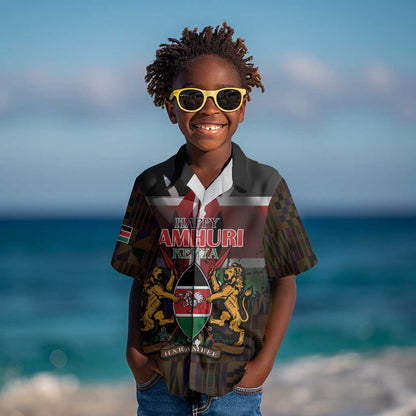 Kenya Jamhuri Day Kid Hawaiian Shirt Coat Of Arms With Kente Pattern - African Pride