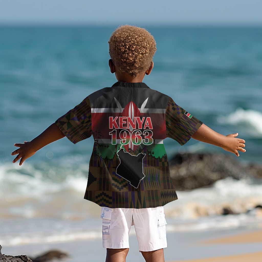 Kenya Jamhuri Day Kid Hawaiian Shirt Coat Of Arms With Kente Pattern - African Pride