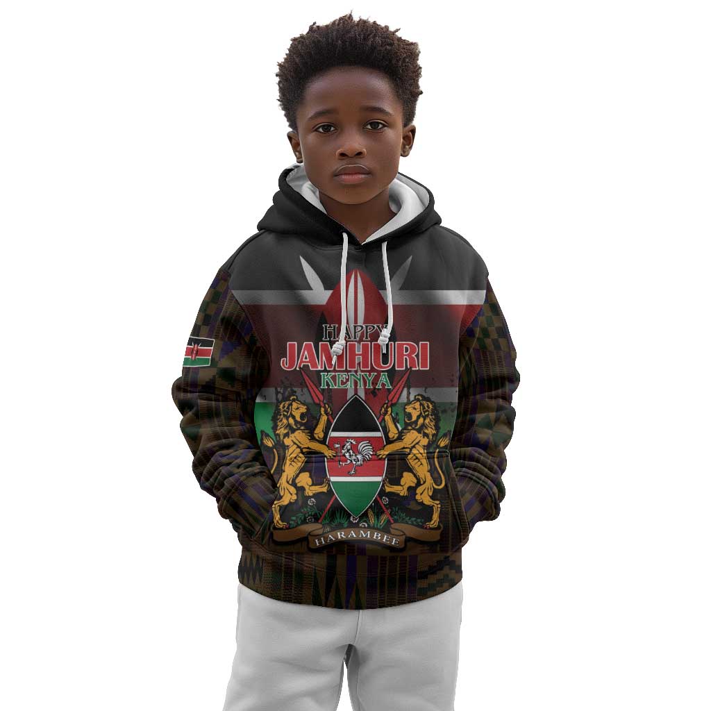 Kenya Jamhuri Day Kid Hoodie Coat Of Arms With Kente Pattern - African Pride