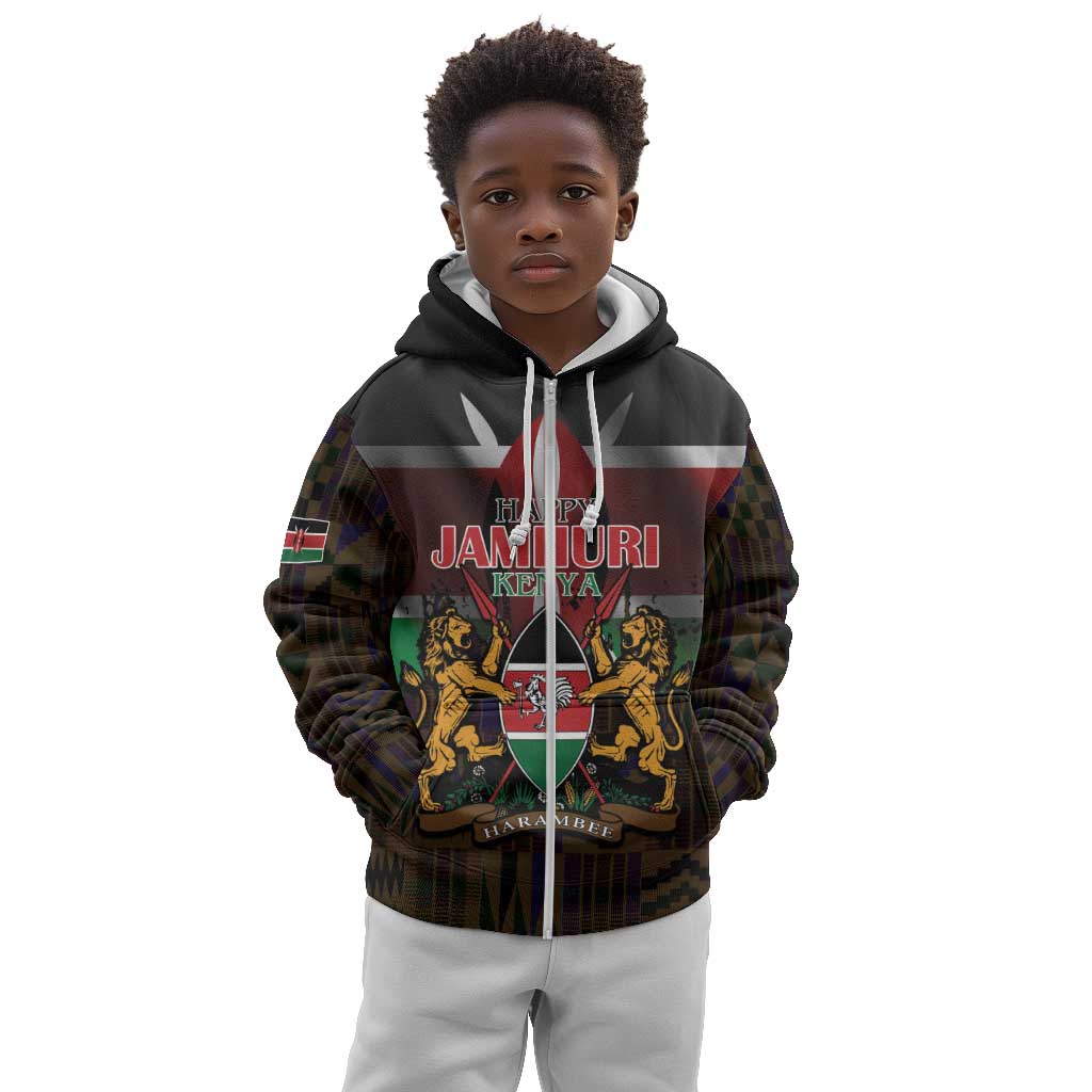 Kenya Jamhuri Day Kid Hoodie Coat Of Arms With Kente Pattern - African Pride