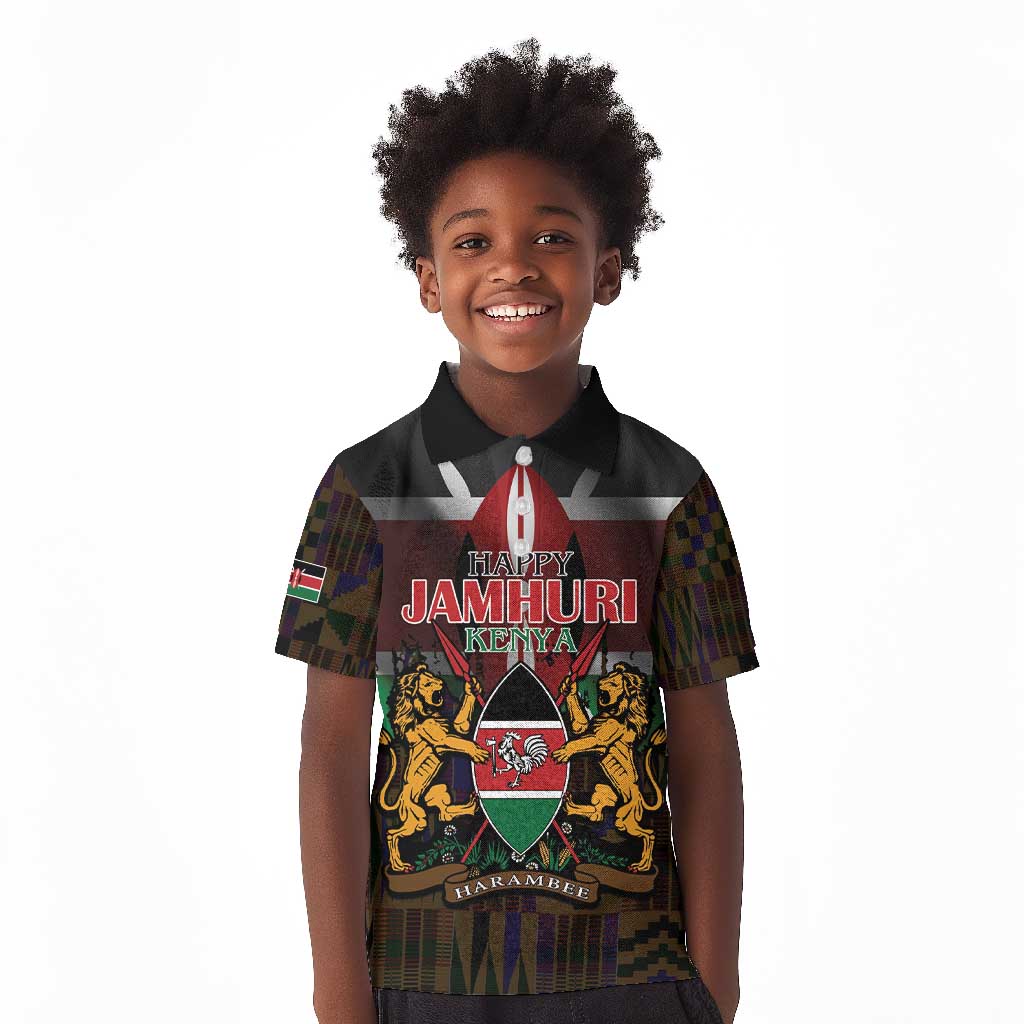 Kenya Jamhuri Day Kid Polo Shirt Coat Of Arms With Kente Pattern - African Pride