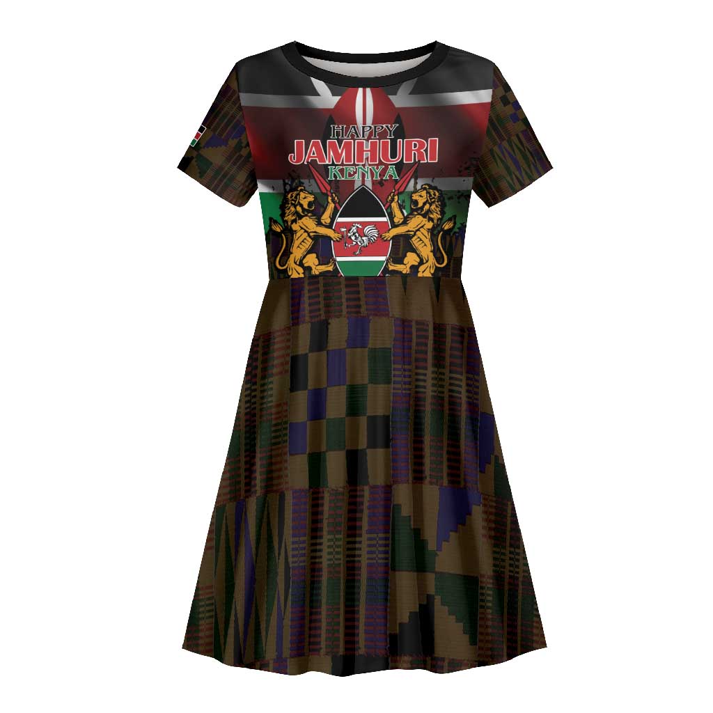 Kenya Jamhuri Day Kid Short Sleeve Dress Coat Of Arms With Kente Pattern - African Pride