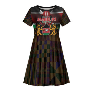 Kenya Jamhuri Day Kid Short Sleeve Dress Coat Of Arms With Kente Pattern - African Pride
