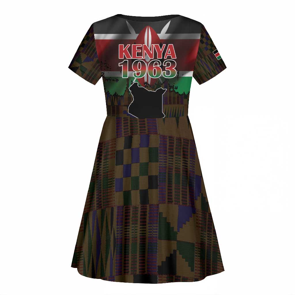 Kenya Jamhuri Day Kid Short Sleeve Dress Coat Of Arms With Kente Pattern - African Pride
