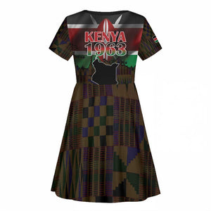 Kenya Jamhuri Day Kid Short Sleeve Dress Coat Of Arms With Kente Pattern - African Pride