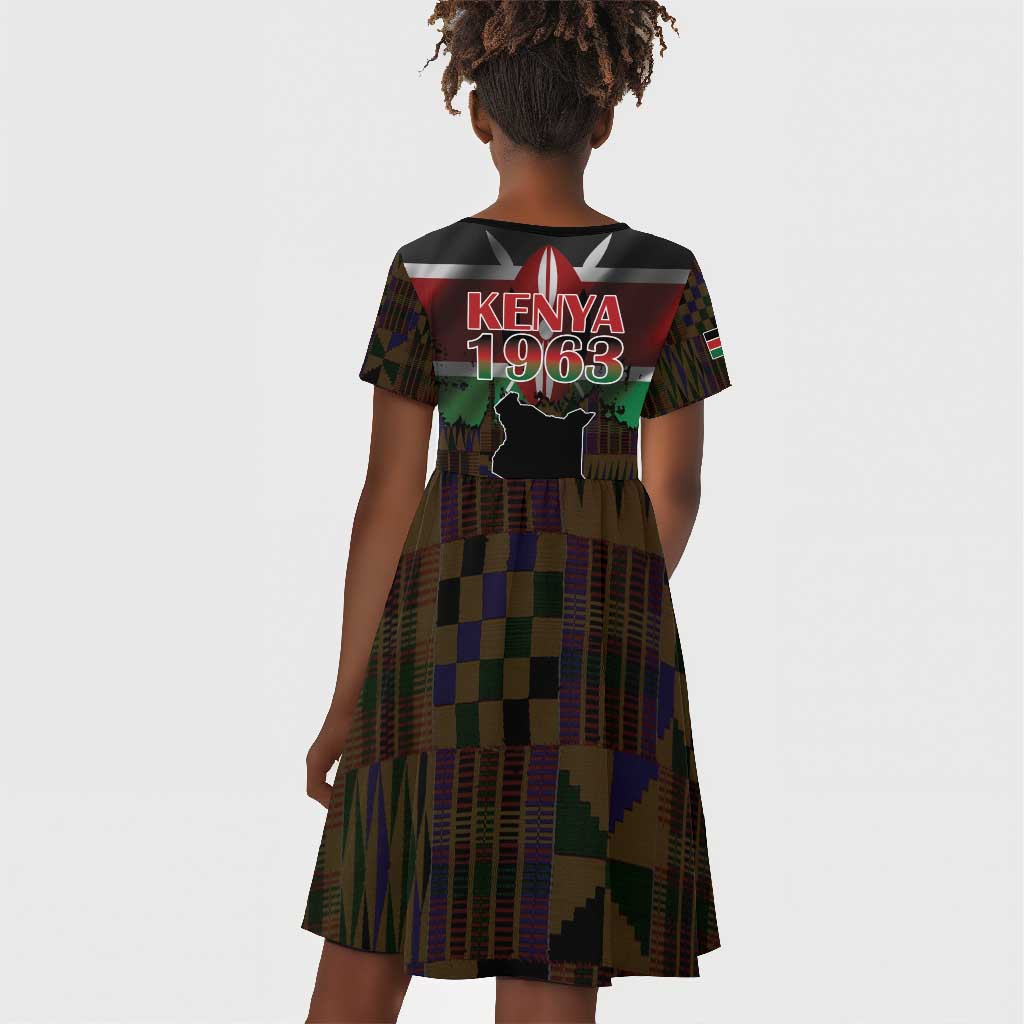 Kenya Jamhuri Day Kid Short Sleeve Dress Coat Of Arms With Kente Pattern - African Pride