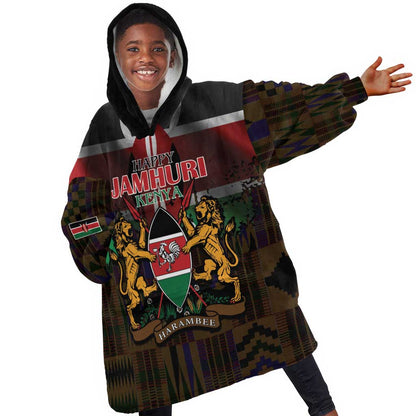 Kenya Jamhuri Day Kid Wearable Blanket Hoodie Coat Of Arms With Kente Pattern - African Pride