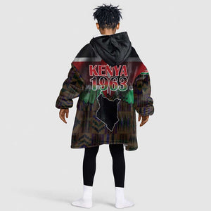 Kenya Jamhuri Day Kid Wearable Blanket Hoodie Coat Of Arms With Kente Pattern - African Pride