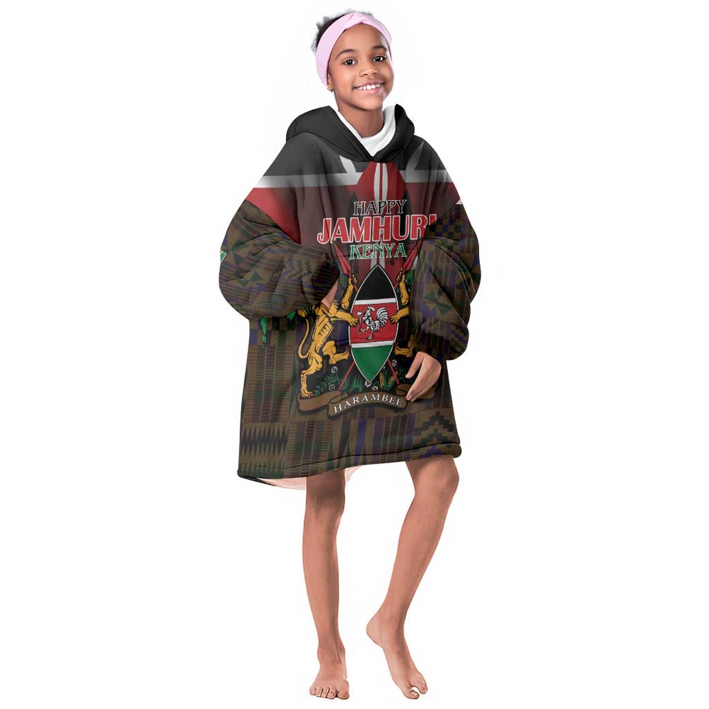 Kenya Jamhuri Day Kid Wearable Blanket Hoodie Coat Of Arms With Kente Pattern - African Pride