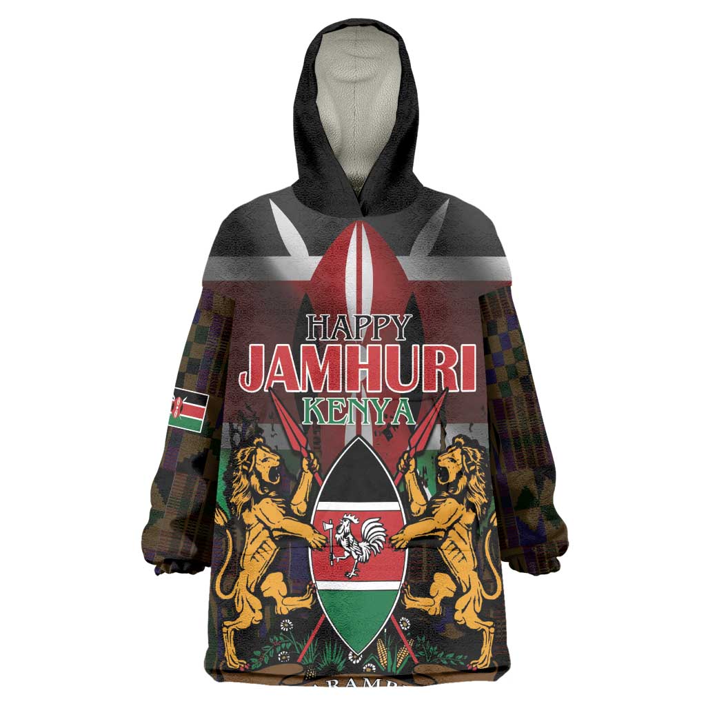 Kenya Jamhuri Day Kid Wearable Blanket Hoodie Coat Of Arms With Kente Pattern - African Pride