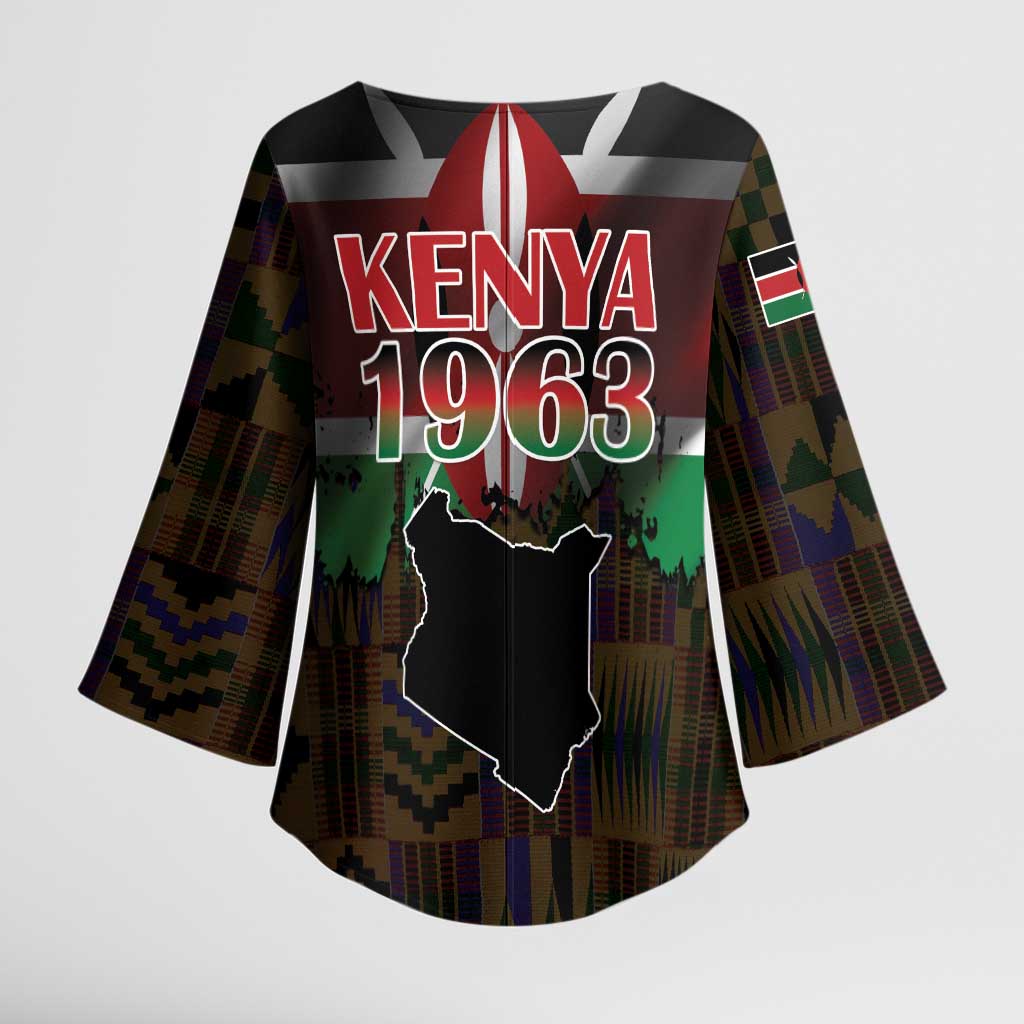 Happy Kenya Independence Day Kimono Sleeve Blouse Coat Of Arms With Kente Pattern