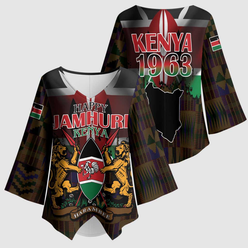 Happy Kenya Independence Day Kimono Sleeve Blouse Coat Of Arms With Kente Pattern