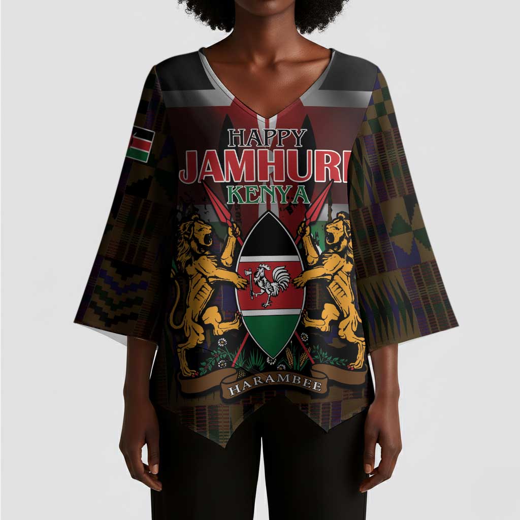 Happy Kenya Independence Day Kimono Sleeve Blouse Coat Of Arms With Kente Pattern