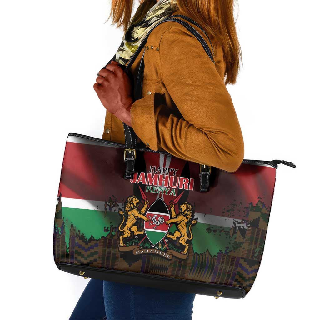 Kenya Jamhuri Day Leather Tote Bag Coat Of Arms With Kente Pattern - African Pride