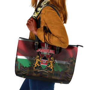 Kenya Jamhuri Day Leather Tote Bag Coat Of Arms With Kente Pattern - African Pride