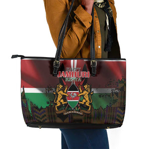 Kenya Jamhuri Day Leather Tote Bag Coat Of Arms With Kente Pattern - African Pride