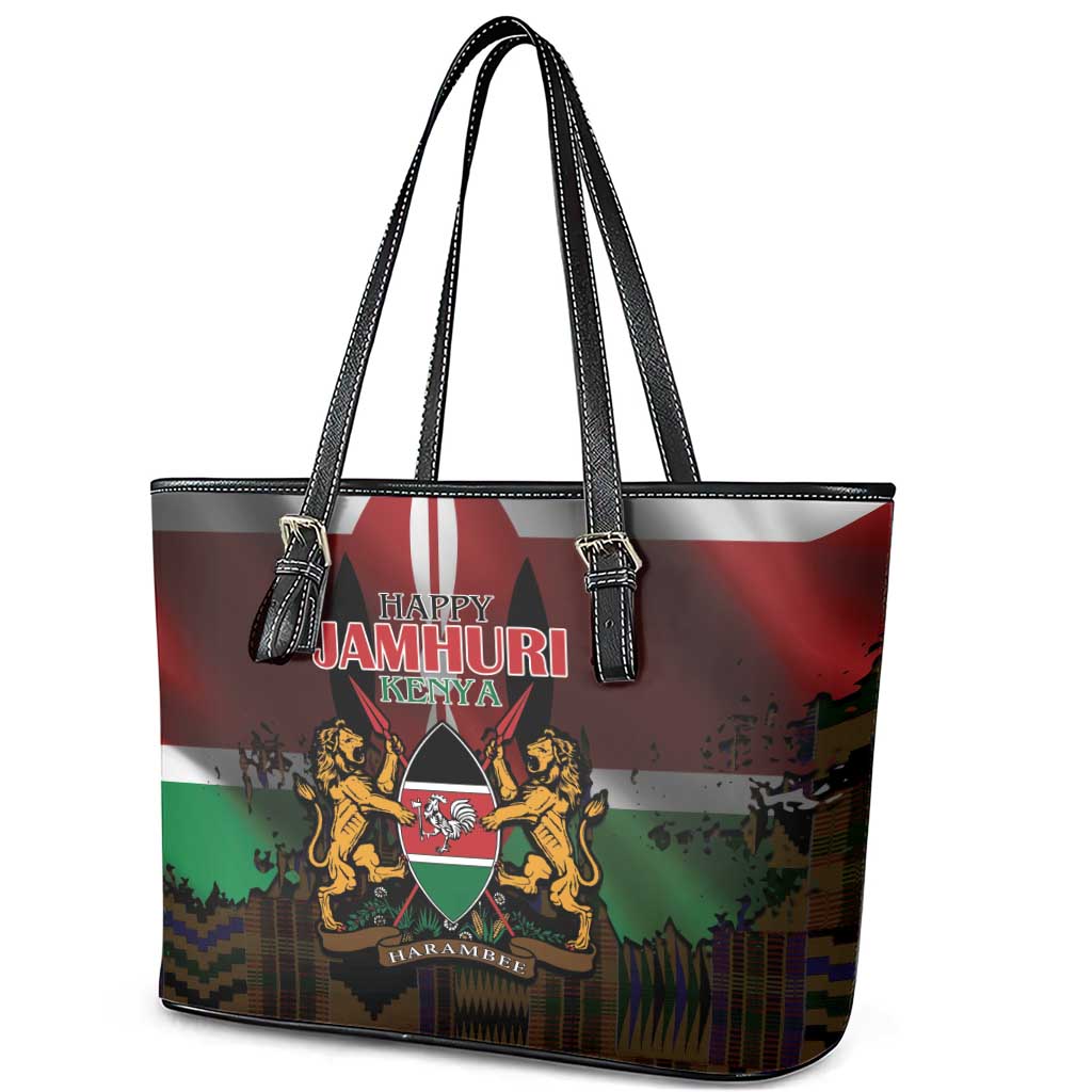 Kenya Jamhuri Day Leather Tote Bag Coat Of Arms With Kente Pattern - African Pride