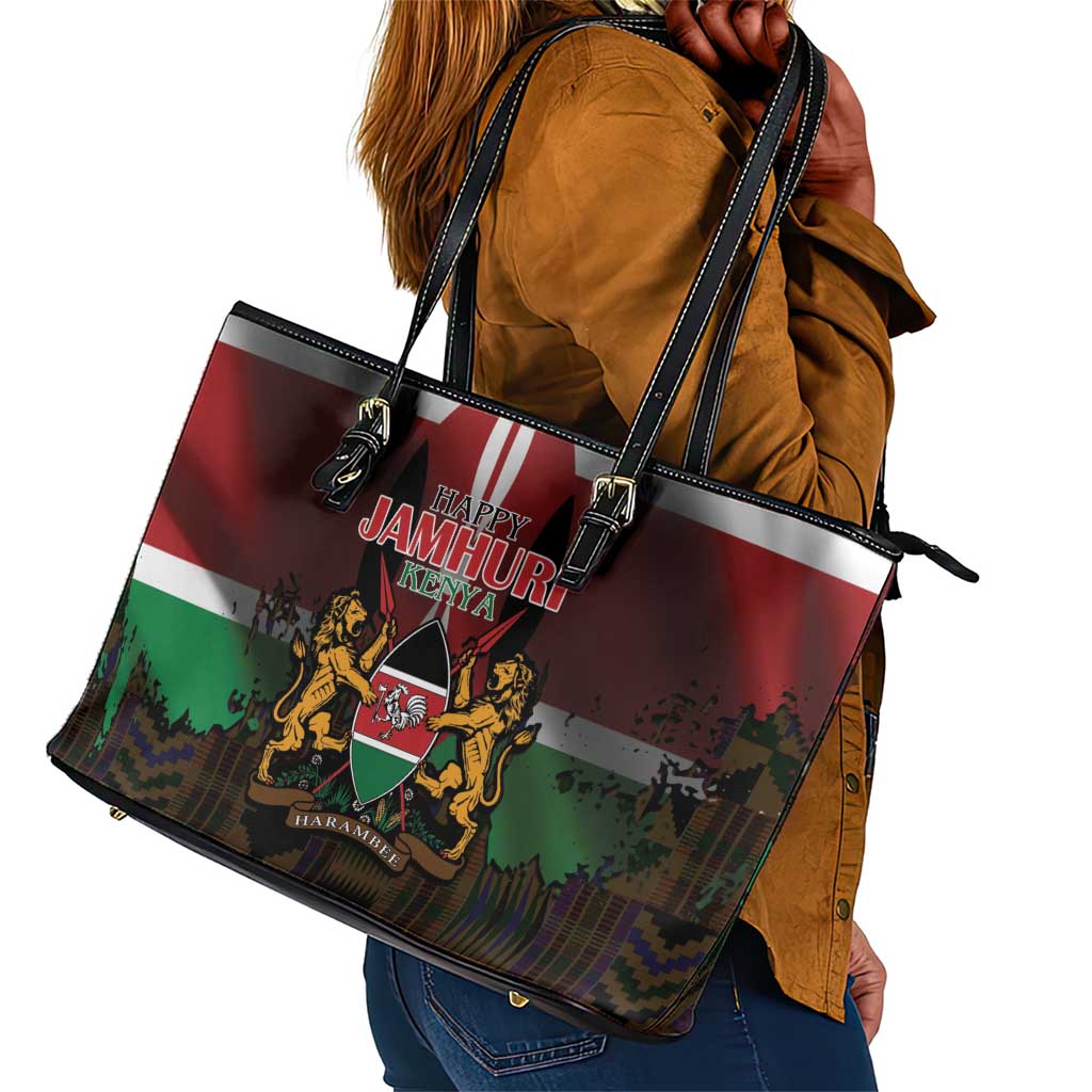 Kenya Jamhuri Day Leather Tote Bag Coat Of Arms With Kente Pattern - African Pride