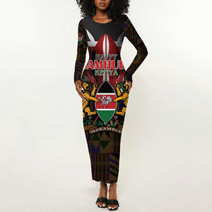 Kenya Jamhuri Day Long Sleeve Bodycon Dress Coat Of Arms With Kente Pattern - African Pride