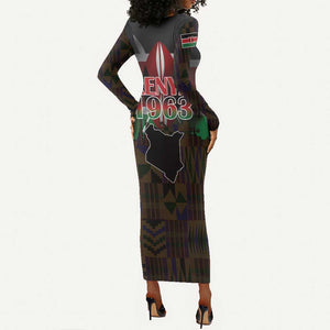 Kenya Jamhuri Day Long Sleeve Bodycon Dress Coat Of Arms With Kente Pattern - African Pride