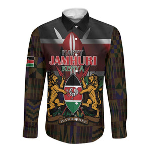Kenya Jamhuri Day Long Sleeve Button Shirt Coat Of Arms With Kente Pattern - African Pride