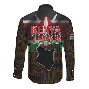 Kenya Jamhuri Day Long Sleeve Button Shirt Coat Of Arms With Kente Pattern - African Pride