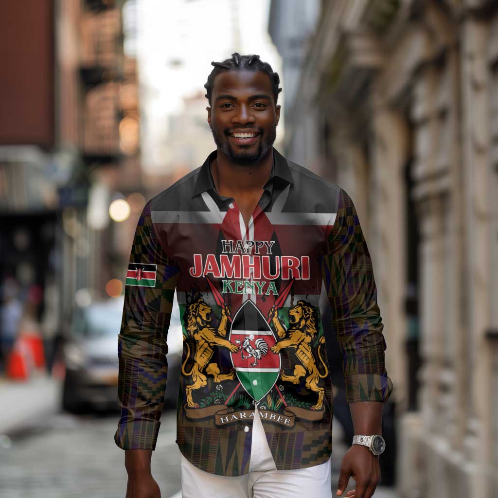 Kenya Jamhuri Day Long Sleeve Button Shirt Coat Of Arms With Kente Pattern - African Pride