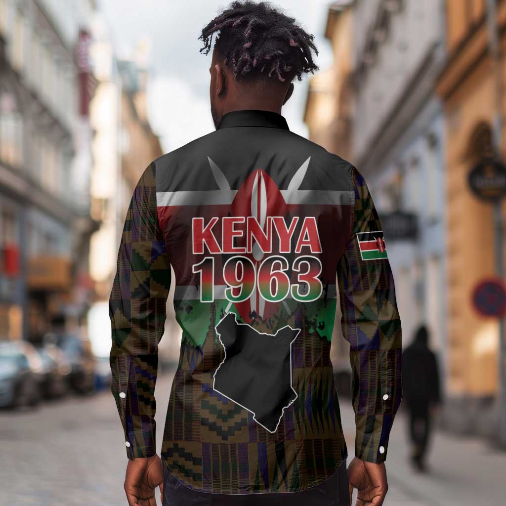 Kenya Jamhuri Day Long Sleeve Button Shirt Coat Of Arms With Kente Pattern - African Pride