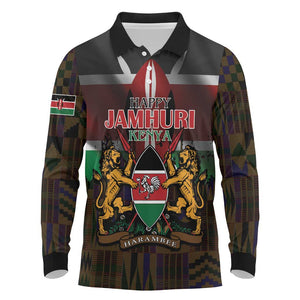 Kenya Jamhuri Day Long Sleeve Polo Shirt Coat Of Arms With Kente Pattern - African Pride